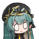 Anime girl with teal hair and a black hat looking blankly with a large question mark floating above her head.