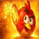 Red bird with a wide grin and musical notes floating from its ear, surrounded by a glowing golden aura.