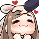 A cute anime girl with brown hair smiling happily while receiving a head pat from a hand.