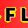 Letters FL in a bold, black, pixelated font with yellow outlines against a bright red background.