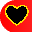 Heart symbol in pixel art style with a black center and a gold outline on a red background.