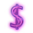A stylized dollar sign with a glowing purple center and a bright pink neon outline.