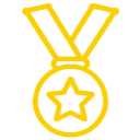 Gold medal with a star icon suspended from a ribbon.