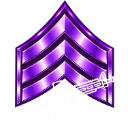 A metallic purple three-striped chevron insignia on a dark background.