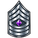 A silver military-style chevron badge featuring a glowing purple diamond in the center on a black background.