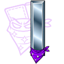 A metallic silver rectangular bar wearing a purple bandana with white star patterns.