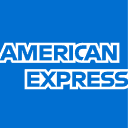 Logo with the words American Express in bold white letters on a blue square background.