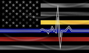 American flag design with a blue and red stripe and an EKG heartbeat line across the center.