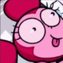 Pink cartoon character with large eyes making a silly face while sticking its tongue out.