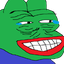 A green frog with a wide, toothy red grin and squinting eyes.