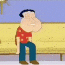 A cartoon man sitting on a yellow couch progressively morphs his head and torso into a white porcelain toilet.