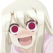 Anime girl with long white hair and wide red eyes giving a manic, shocked grin.