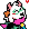 A white pixelated goat character with a blushing face and a red heart floating above it.