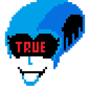 A blue pixelated character wearing a black visor with the word TRUE written in red text and a wide, smug grin.