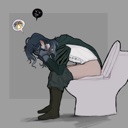 A smug anime character sitting on a toilet with a satisfied expression.