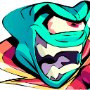 A teal alien with one eye laughing with a wide, toothy grin.
