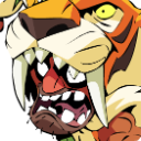 A cartoon character wearing a large animal pelt hood with a wide, aggressive, toothy roar.