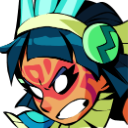 A stylized warrior with blue hair and red face paint looking intensely angry with wide white eyes.