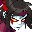 A stylized warrior character with white face paint and red markings looking directly ahead with a stern, angry expression.