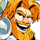 A bearded warrior with bright orange hair and a wide, confident grin.