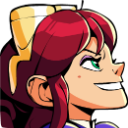 A woman with red hair and a gold accessory wearing a smug, confident grin.