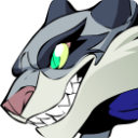 A stylized wolf character with a sharp-toothed, mischievous grin and bright green eyes.