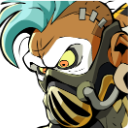 A gritty warrior with blue hair and a gas mask looking intensely to the side.