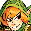 An elf archer with orange hair and a green hood wears a mischievous smirk while aiming a bow.