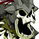 A skeletal warrior with a helmet has its mouth wide open in a loud, aggressive roar.