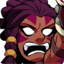 A warrior woman with braided hair and glowing white eyes shouting with a fierce expression.
