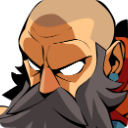 A bearded man with a shaved head and glowing white eyes stares intensely.