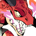 A red dragon head with an open mouth breathing out pink and orange flames.
