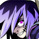 Anime character with purple hair and glowing eyes displaying a wide, sinister grin.