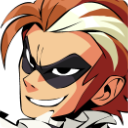 A cartoon character with orange hair and a black eye mask wearing a smug, mischievous grin.