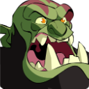 Green monster face with a wide open mouth, sharp teeth, and a snarling, angry expression.