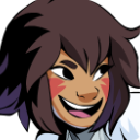 A cartoon character with brown hair and red cheek markings wearing a wide, mischievous grin.