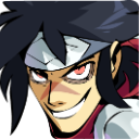 Anime character with dark hair and a headband wearing a wide, mischievous, sharp-toothed grin.