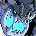Monster with a glowing blue mouth and sharp teeth roaring aggressively.
