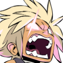 Anime character with blonde hair screaming with glowing eyes and an intense expression.