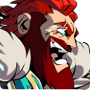 A bearded warrior with red hair and a white fur collar shouting with an intense, aggressive expression.