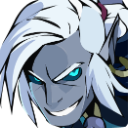 A gray-skinned character with white hair and glowing blue eyes giving a smug, mischievous grin.