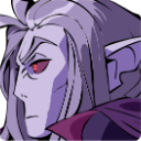 Vampire man with long hair and red eyes looking to the side with a serious expression.