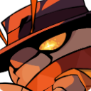 A stylized character with a single glowing orange eye looking out from the shadows under a hat brim.