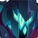 Armored helmet with a glowing cyan visor and dark metallic plating.