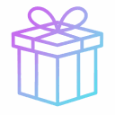 Four stylized gift boxes with a purple and blue gradient outline arranged in a row.