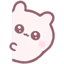A small pink creature with large eyes peeking out from the left side of the frame.