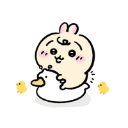 A cute white bunny with a happy expression sits on the back of a white duck, flanked by two small yellow chicks.