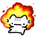 A simple white cat with a blank face sitting calmly in front of large, bright yellow and orange flames.