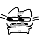 A simple black and white line-art cat with squinted eyes and a flat mouth expressing deep suspicion.