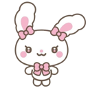 A cute white bunny with pink bows on its ears and neck looking forward with a gentle smile.